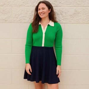 Boden Dress Womens 8R Colorblock Ribbed‎ Knit Collared Green Navy Blue Preppy